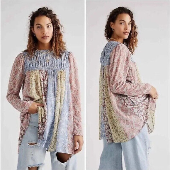 Free People Tops - Free People Merrie Mix Floral Print Smocked Chiffon Tunic Rouched Blouse Lilac